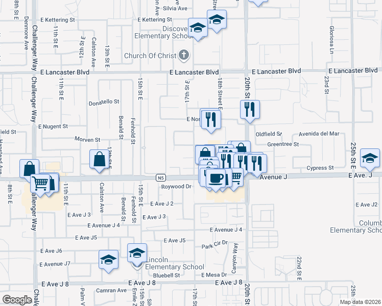 map of restaurants, bars, coffee shops, grocery stores, and more near 23rd Street in Lancaster