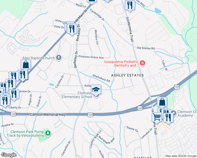 map of restaurants, bars, coffee shops, grocery stores, and more near 107 Shaftsbury Road in Clemson