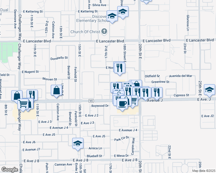 map of restaurants, bars, coffee shops, grocery stores, and more near 1647 Orchid Lane in Lancaster