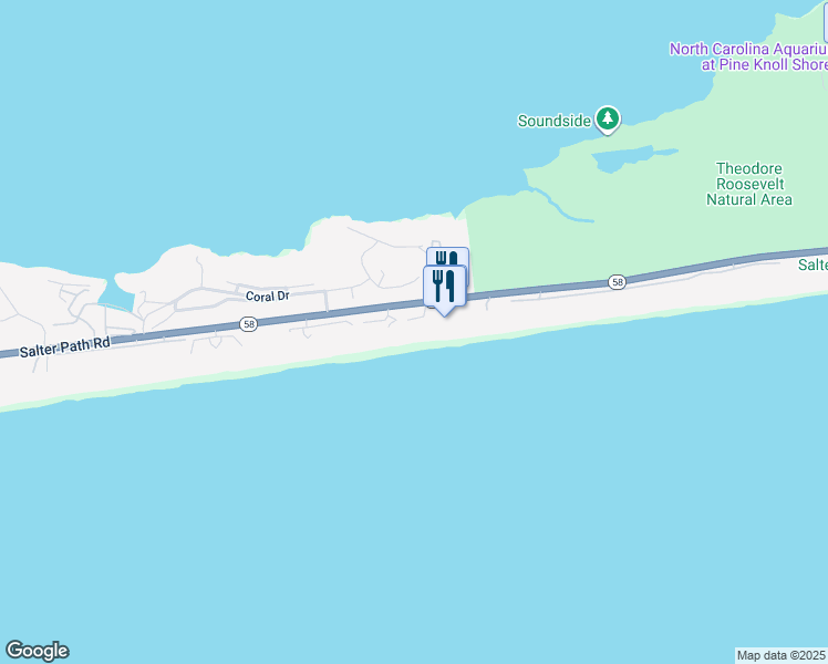 map of restaurants, bars, coffee shops, grocery stores, and more near 523 Egret Lake Drive in Pine Knoll Shores