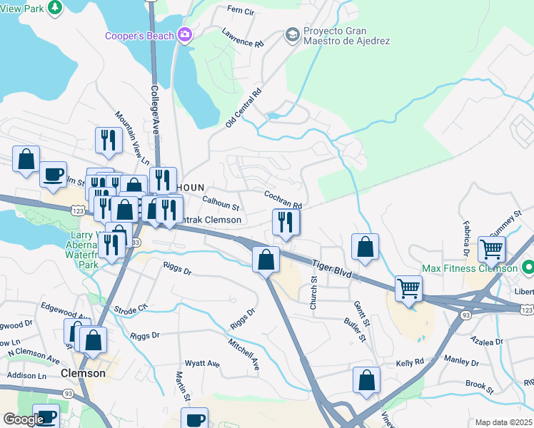 map of restaurants, bars, coffee shops, grocery stores, and more near 110 Cochran Road in Clemson