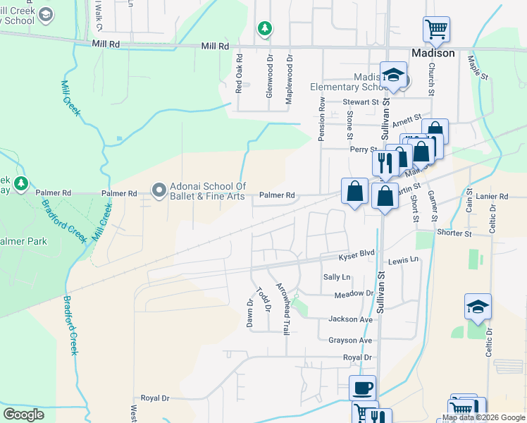 map of restaurants, bars, coffee shops, grocery stores, and more near 127 Railroad Ridge Road in Madison