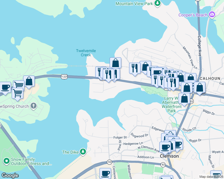 map of restaurants, bars, coffee shops, grocery stores, and more near 906 Tiger Boulevard in Clemson