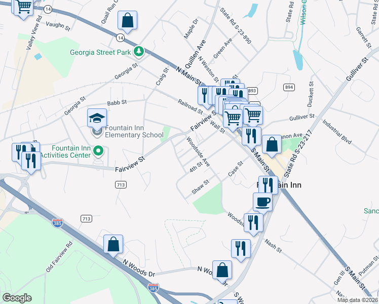 map of restaurants, bars, coffee shops, grocery stores, and more near 203 Woodside Avenue in Fountain Inn