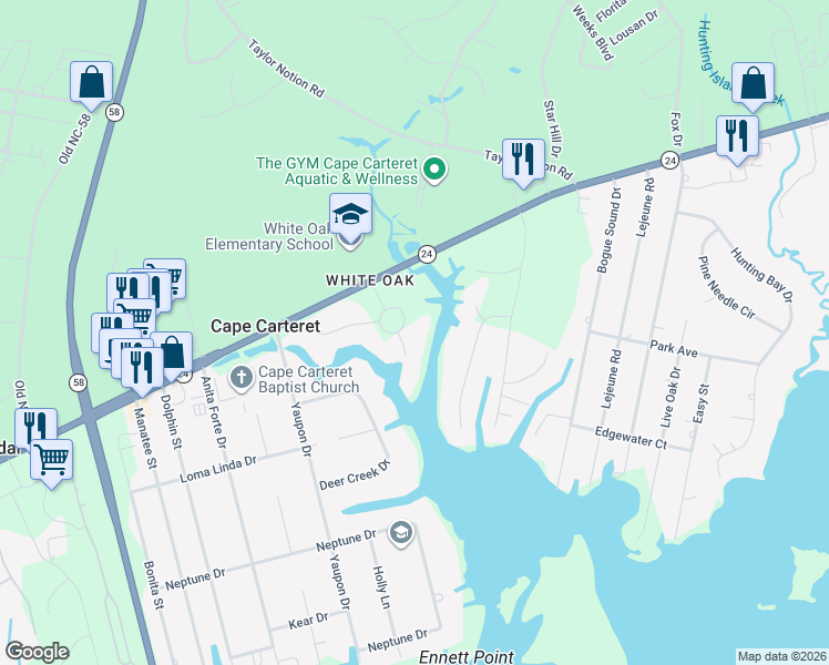 map of restaurants, bars, coffee shops, grocery stores, and more near 117-129 Cape Point Blvd in Cape Carteret