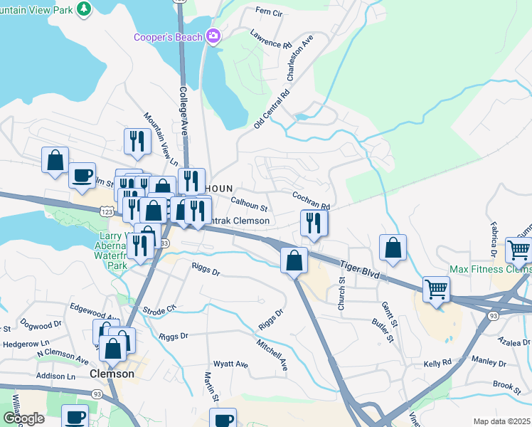 map of restaurants, bars, coffee shops, grocery stores, and more near 220 Calhoun Street in Clemson