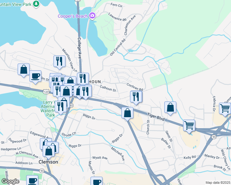 map of restaurants, bars, coffee shops, grocery stores, and more near 209 Calhoun Street in Clemson