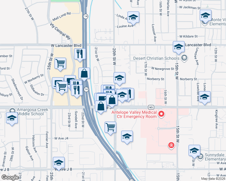 map of restaurants, bars, coffee shops, grocery stores, and more near 44514 20th Street West in Lancaster