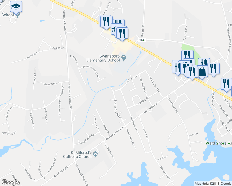 map of restaurants, bars, coffee shops, grocery stores, and more near 421 Holly Lane in Swansboro