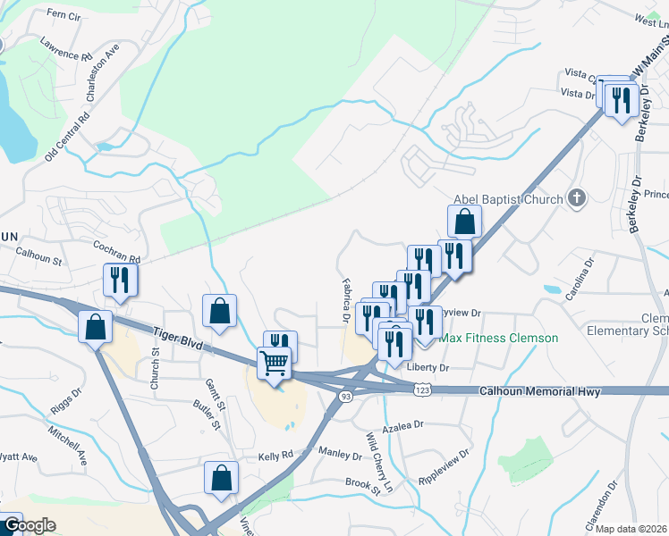 map of restaurants, bars, coffee shops, grocery stores, and more near 132 Fabrica Street in Clemson