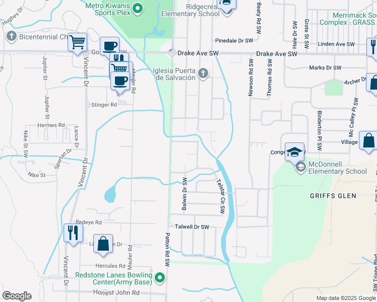 map of restaurants, bars, coffee shops, grocery stores, and more near 4109 Broyles Avenue Southwest in Huntsville