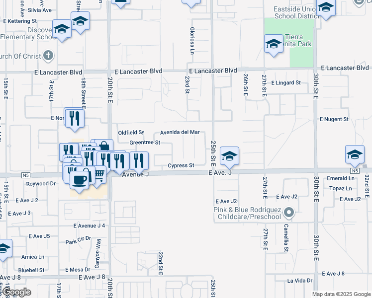 map of restaurants, bars, coffee shops, grocery stores, and more near 44460 Avenida Del Rio in Lancaster