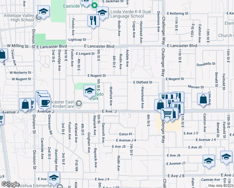 map of restaurants, bars, coffee shops, grocery stores, and more near 609 East Pillsbury Street in Lancaster