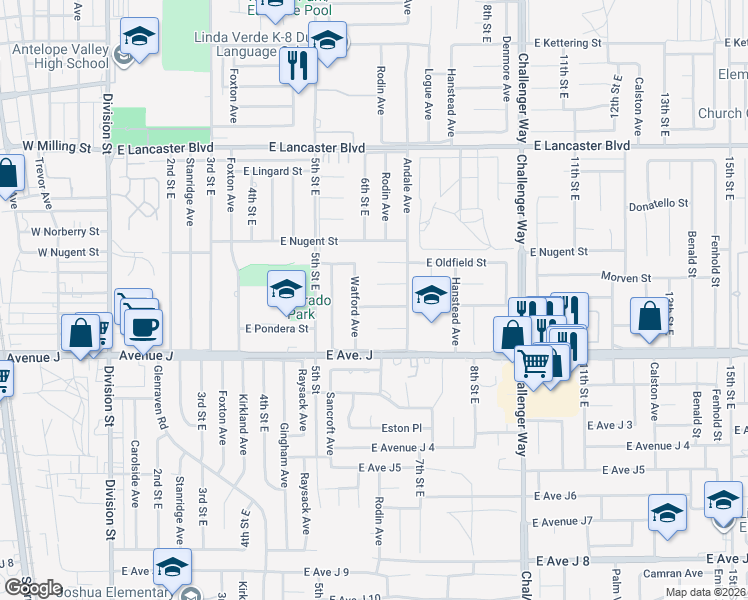 map of restaurants, bars, coffee shops, grocery stores, and more near 609 East Pillsbury Street in Lancaster