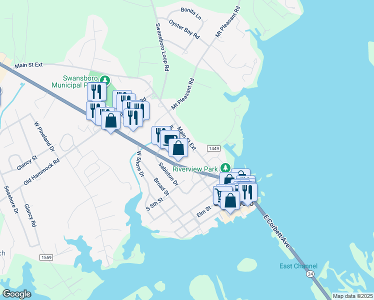 map of restaurants, bars, coffee shops, grocery stores, and more near 106 Park Place Drive in Swansboro