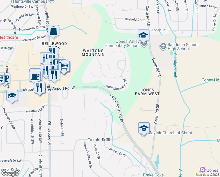 map of restaurants, bars, coffee shops, grocery stores, and more near 2142 Springhouse Road Southeast in Huntsville