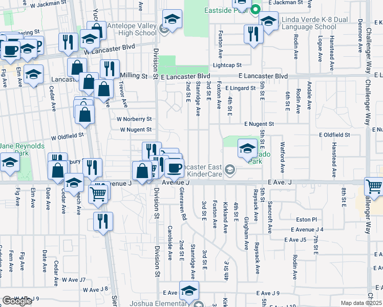 map of restaurants, bars, coffee shops, grocery stores, and more near 44502 2nd Street East in Lancaster