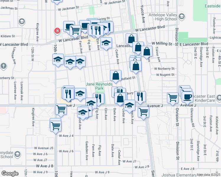 map of restaurants, bars, coffee shops, grocery stores, and more near 44551 Date Avenue in Lancaster
