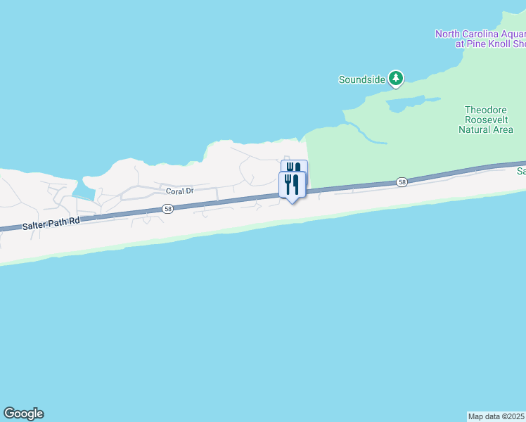 map of restaurants, bars, coffee shops, grocery stores, and more near 523 Egret Lake Drive in Pine Knoll Shores