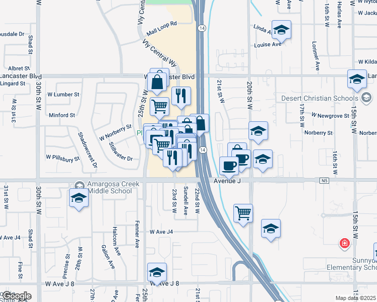 map of restaurants, bars, coffee shops, grocery stores, and more near 44530 Valley Central Way in Lancaster