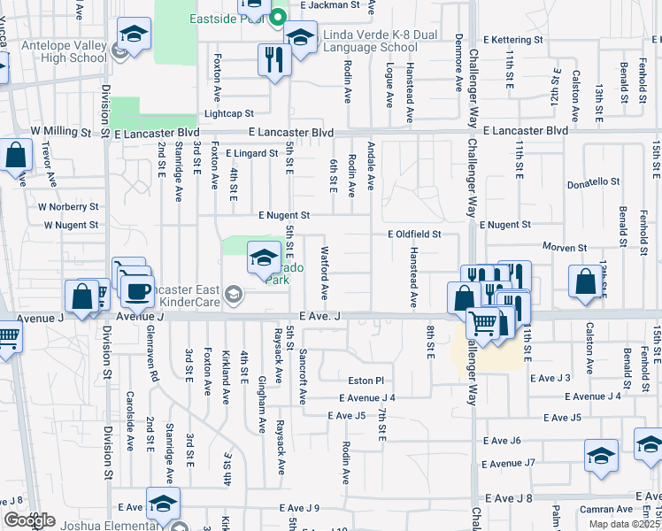 map of restaurants, bars, coffee shops, grocery stores, and more near 44504 Watford Ave in Lancaster