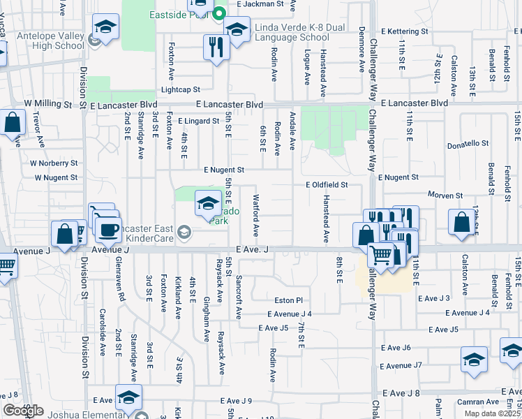 map of restaurants, bars, coffee shops, grocery stores, and more near 44504 Watford Avenue in Lancaster