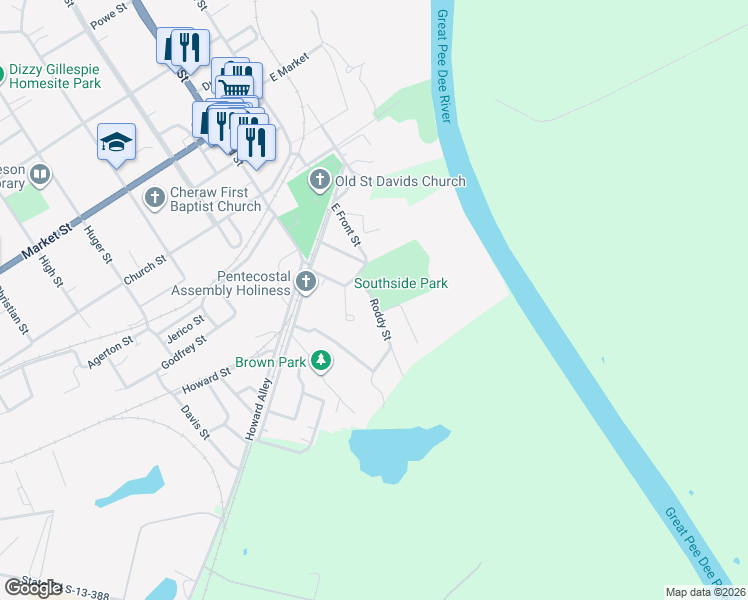 map of restaurants, bars, coffee shops, grocery stores, and more near 2-98 Roddy Street in Cheraw