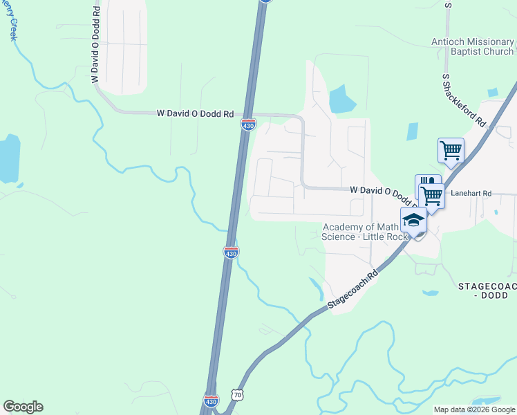 map of restaurants, bars, coffee shops, grocery stores, and more near 74 Woodridge Drive in Little Rock