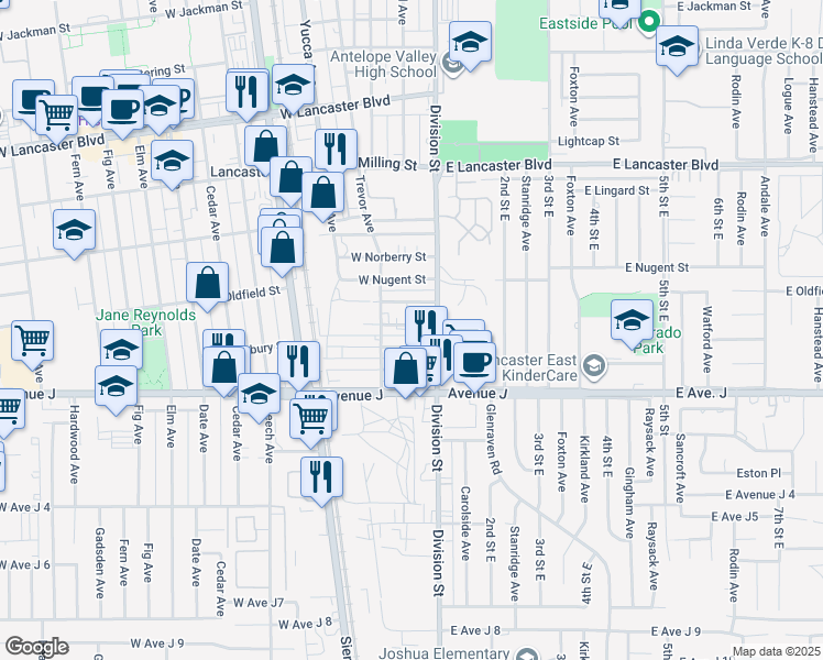 map of restaurants, bars, coffee shops, grocery stores, and more near 44545 Division Street in Lancaster
