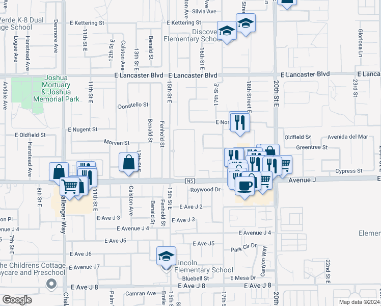 map of restaurants, bars, coffee shops, grocery stores, and more near 44460 15th Street East in Lancaster