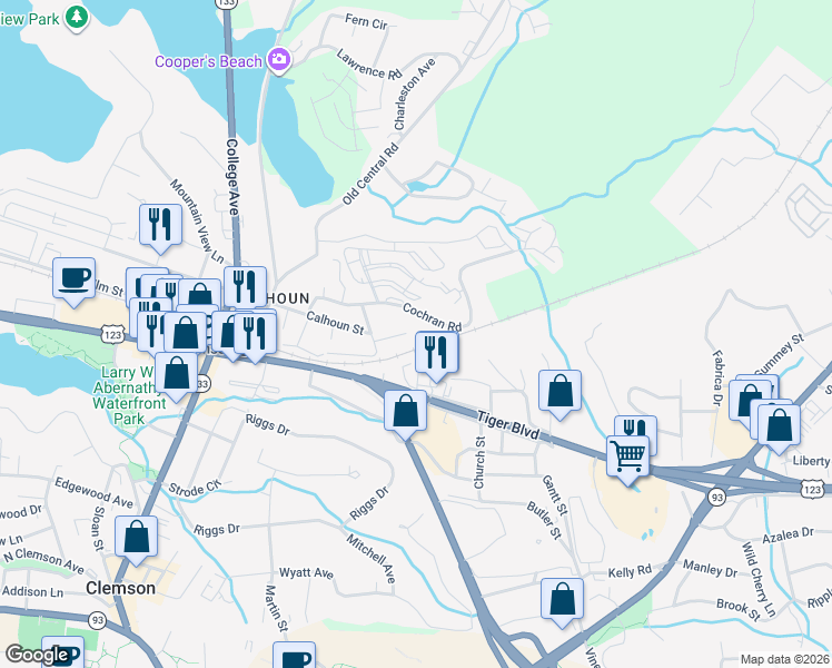 map of restaurants, bars, coffee shops, grocery stores, and more near 310 Crawford Court in Clemson