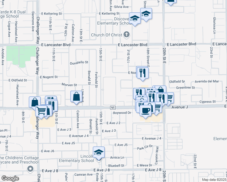 map of restaurants, bars, coffee shops, grocery stores, and more near 44472 15th Street East in Lancaster