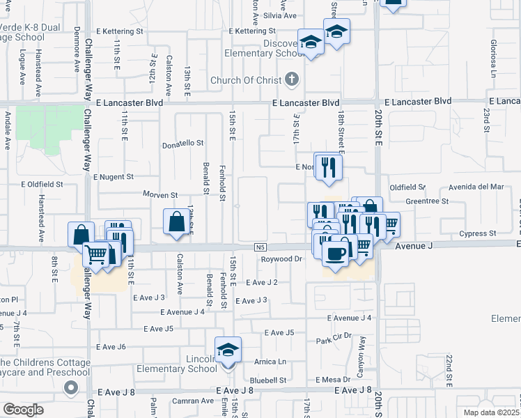 map of restaurants, bars, coffee shops, grocery stores, and more near 44472 15th Street East in Lancaster