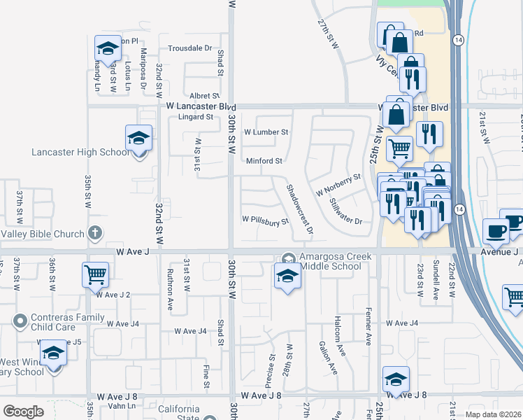 map of restaurants, bars, coffee shops, grocery stores, and more near 2812 West Oldfield Street in Lancaster
