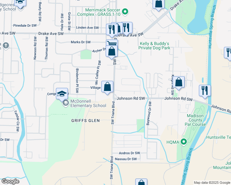 map of restaurants, bars, coffee shops, grocery stores, and more near 4115 Triana Boulevard Southwest in Huntsville