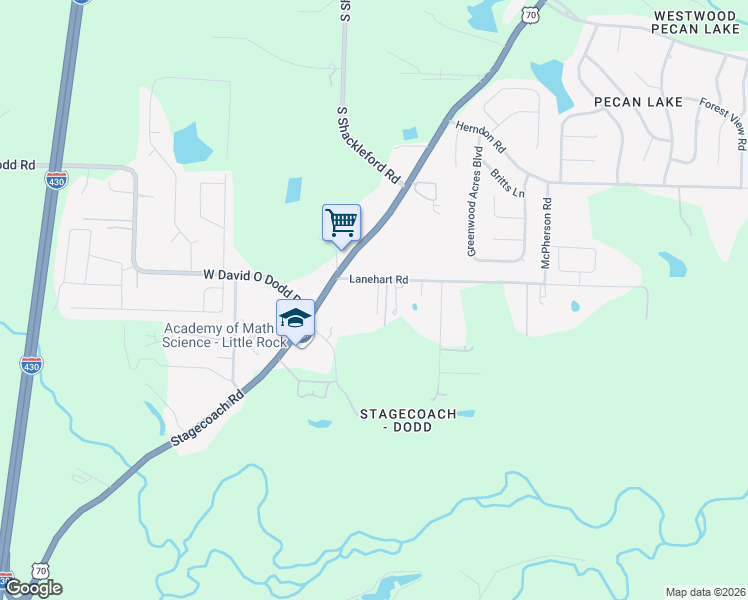 map of restaurants, bars, coffee shops, grocery stores, and more near 10111 Lanehart Road in Little Rock