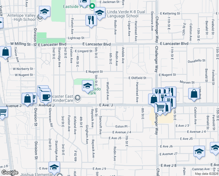 map of restaurants, bars, coffee shops, grocery stores, and more near 44504 Watford Avenue in Lancaster