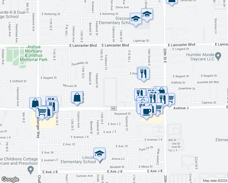map of restaurants, bars, coffee shops, grocery stores, and more near 44500 15th Street East in Lancaster