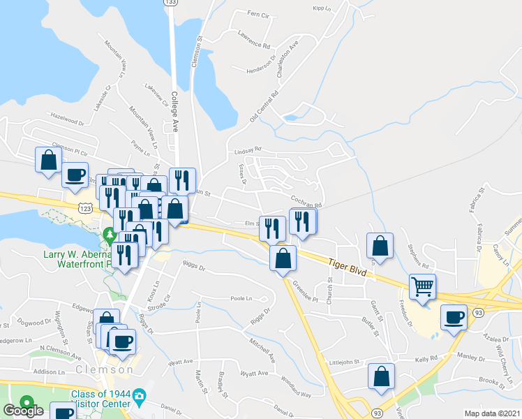 map of restaurants, bars, coffee shops, grocery stores, and more near 52 Elm Street in Clemson