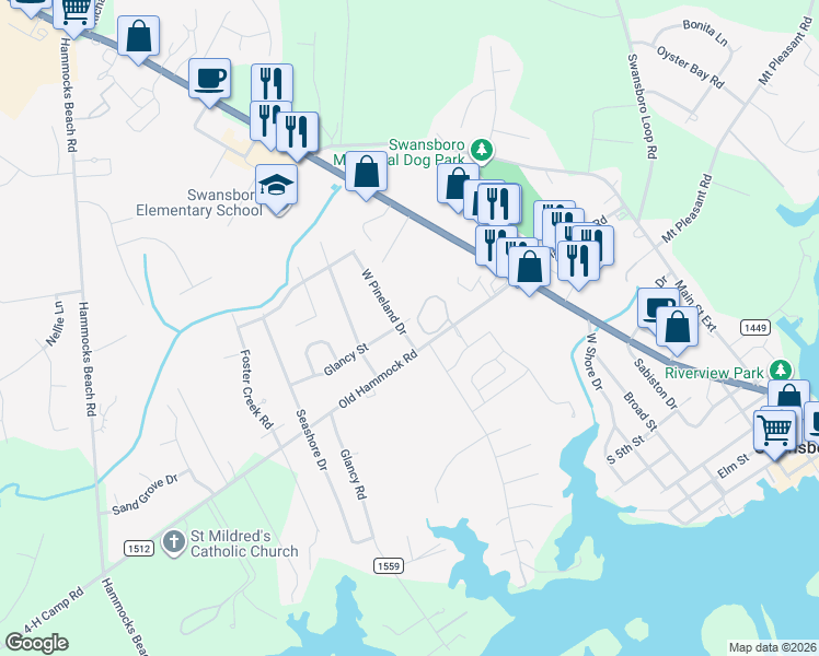 map of restaurants, bars, coffee shops, grocery stores, and more near 710 West Pineland Drive in Swansboro