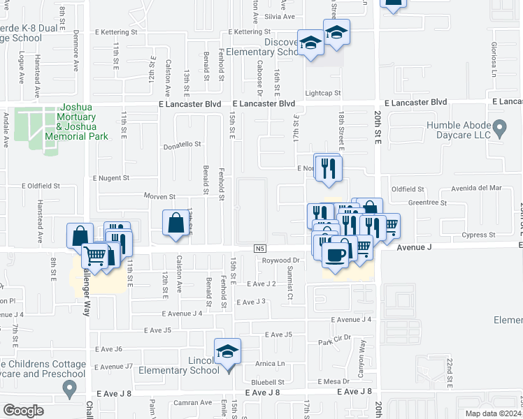 map of restaurants, bars, coffee shops, grocery stores, and more near 44466 15th Street East in Lancaster