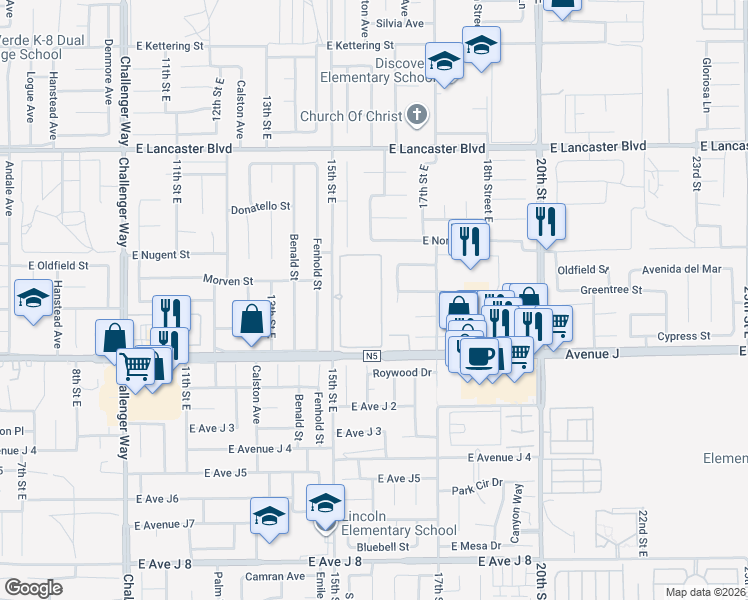 map of restaurants, bars, coffee shops, grocery stores, and more near 44466 15th Street East in Lancaster