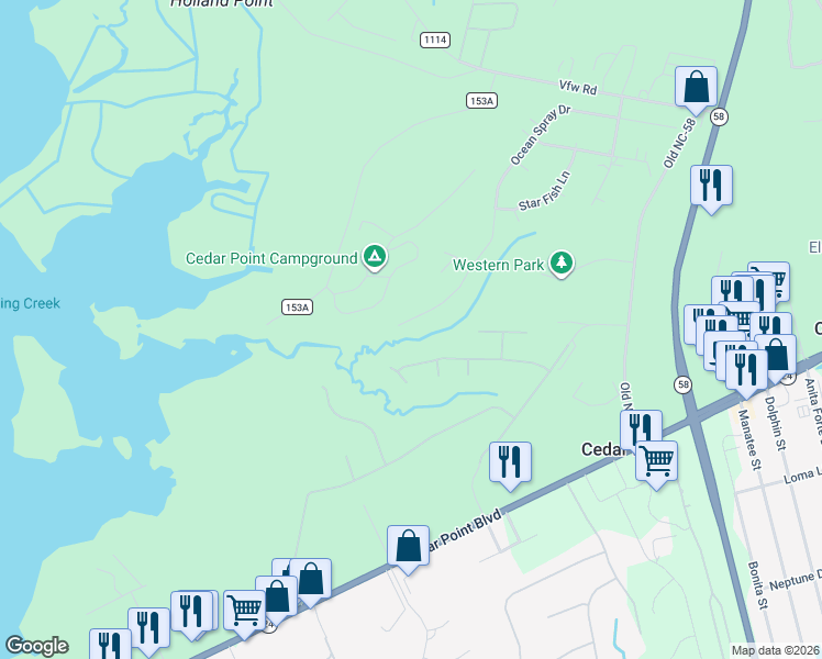 map of restaurants, bars, coffee shops, grocery stores, and more near 619-621 Ocean Spray Drive in Swansboro