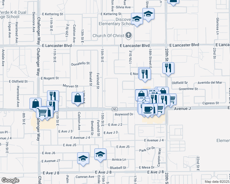 map of restaurants, bars, coffee shops, grocery stores, and more near 44472 15th Street East in Lancaster