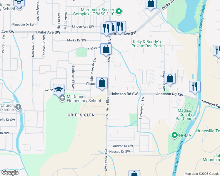 map of restaurants, bars, coffee shops, grocery stores, and more near 4115 Triana Boulevard Southwest in Huntsville