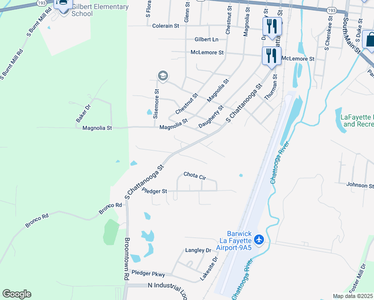 map of restaurants, bars, coffee shops, grocery stores, and more near 1123 South Chattanooga Street in LaFayette