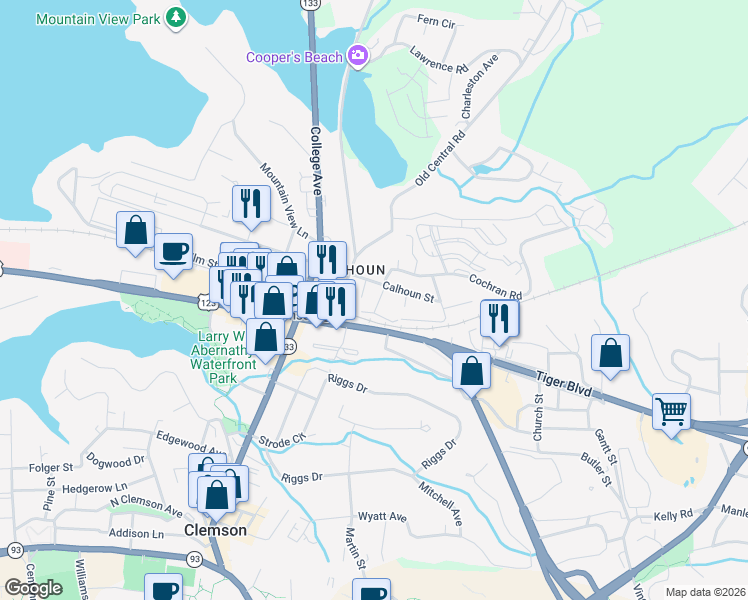 map of restaurants, bars, coffee shops, grocery stores, and more near 207 Boggs Street in Clemson