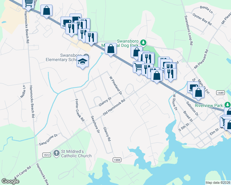 map of restaurants, bars, coffee shops, grocery stores, and more near 722 West Phillips Drive in Swansboro