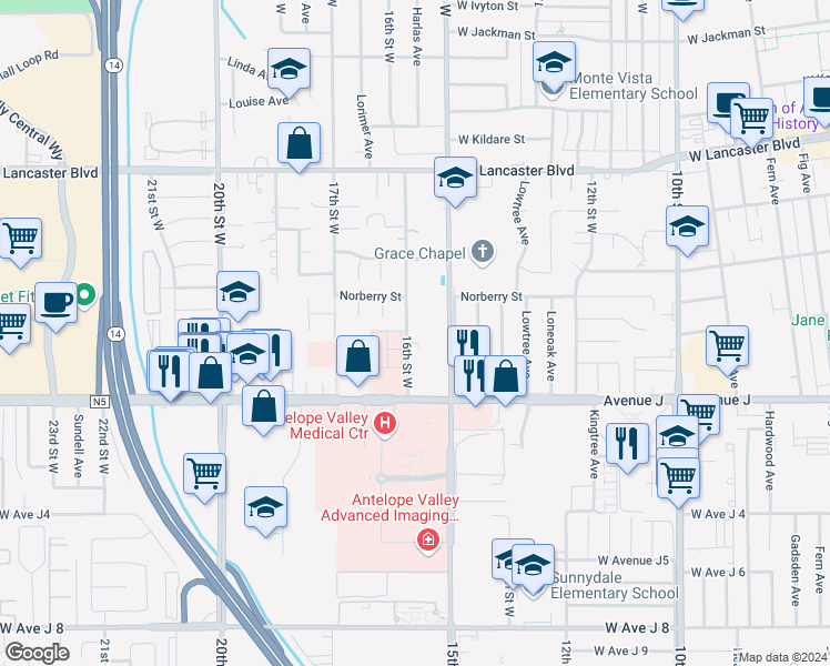 map of restaurants, bars, coffee shops, grocery stores, and more near 44508 16th Street West in Lancaster