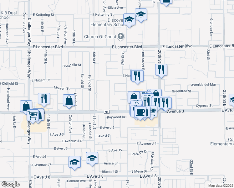 map of restaurants, bars, coffee shops, grocery stores, and more near 44523 16th Street East in Lancaster